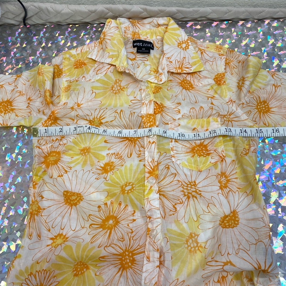 Y2K Wet Seal Collared Shirt Retro Floral 70s Wide Sleeve Hem Button Down XS - Picture 8 of 13